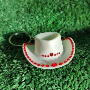 Handmade Earth Moon Crafts Rhinestone Cowboy Hat Keychain - White W/ Red Heart